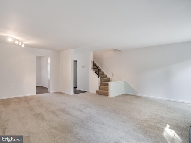 1447 Chatham Ct, Crofton, MD 21114 - unfurnished living room with stairway, carpet floors, and baseboards