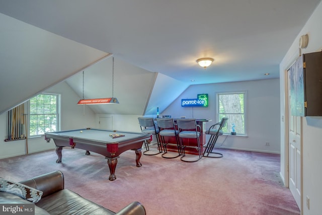 45 S Shore Dr, Dover, DE 19901 - rec room with carpet floors, pool table, lofted ceiling, and baseboards