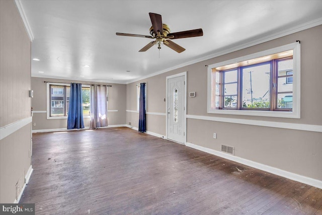 7175 Lee Ave, Pennsauken, NJ 08110 - unfurnished living room with crown molding, healthy amount of natural light, wood finished floors, a ceiling fan, and baseboards