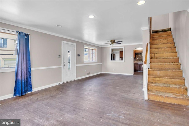 7175 Lee Ave, Pennsauken, NJ 08110 - unfurnished living room featuring ornamental molding, stairway, ceiling fan, baseboards, and wood finished floors