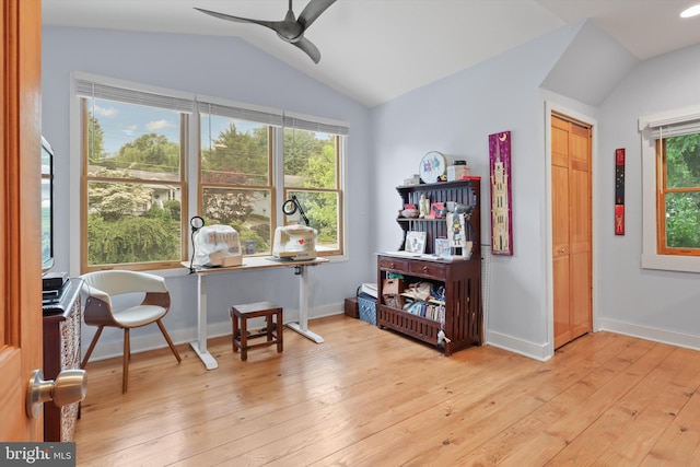3134 Clayborne Ave, Alexandria, VA 22306 - living area with vaulted ceiling, ceiling fan, hardwood / wood-style flooring, and baseboards