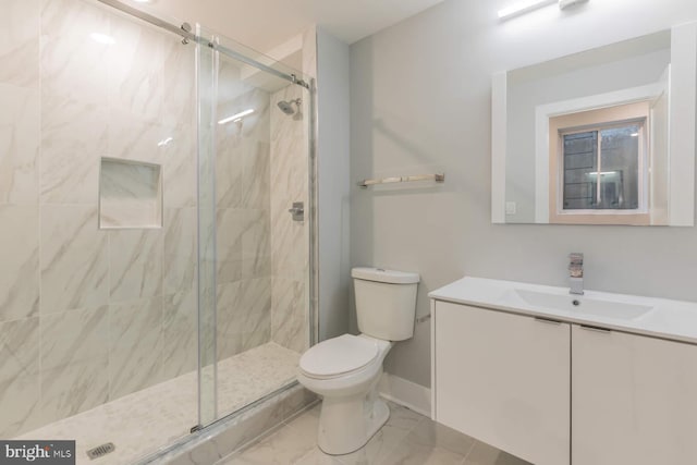 1947 N 33rd St, Philadelphia, PA 19121 - full bathroom featuring toilet, vanity, a stall shower, baseboards, and marble finish floors