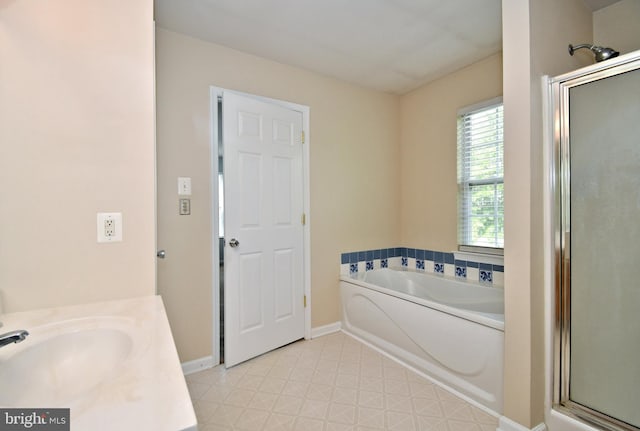 1664 Brynne Ln, Pottstown, PA 19464 - bathroom featuring a bath, a shower stall, tile patterned floors, vanity, and baseboards