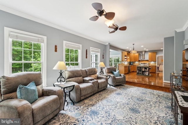 45 Saint Marys Ln, Stafford, VA 22556 - living area featuring wood finished floors, ornamental molding, a ceiling fan, and recessed lighting