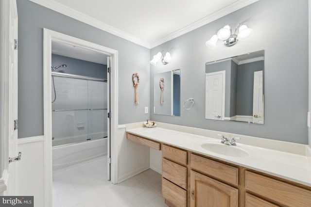 45 Saint Marys Ln, Stafford, VA 22556 - full bathroom featuring vanity, crown molding, enclosed tub / shower combo, baseboards, and tile patterned flooring
