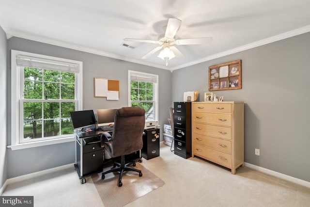 45 Saint Marys Ln, Stafford, VA 22556 - office with ornamental molding, a ceiling fan, light colored carpet, and baseboards