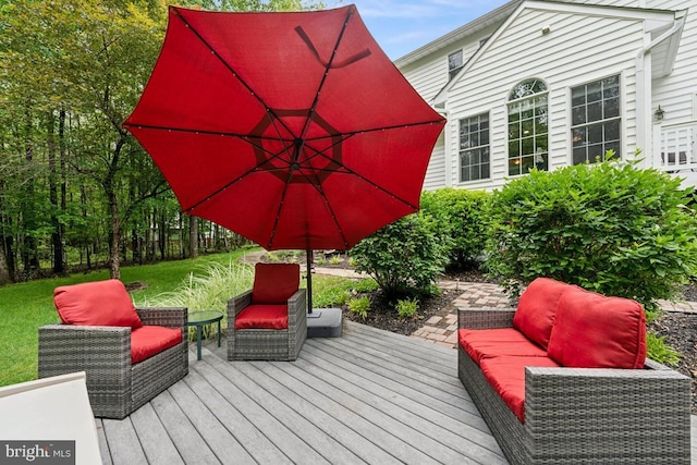 45 Saint Marys Ln, Stafford, VA 22556 - wooden deck with an outdoor hangout area and a lawn