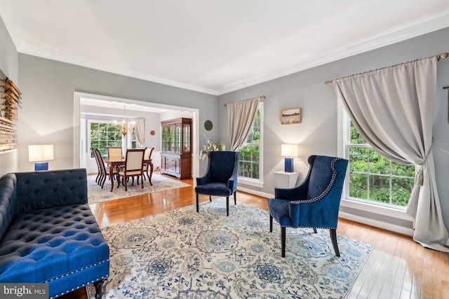 45 Saint Marys Ln, Stafford, VA 22556 - living room featuring a chandelier, wood finished floors, and ornamental molding