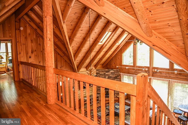 194 Thornberry Ln, Blakeslee, PA 18610 - corridor featuring wood ceiling, healthy amount of natural light, an upstairs landing, hardwood / wood-style flooring, and wooden walls