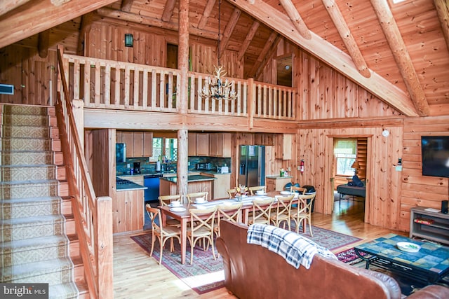 194 Thornberry Ln, Blakeslee, PA 18610 - living room with stairway, light wood-type flooring, wood walls, wooden ceiling with exposed beams, and high vaulted ceiling