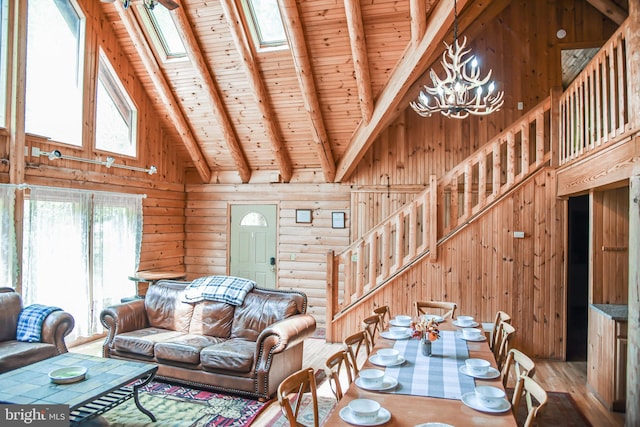 194 Thornberry Ln, Blakeslee, PA 18610 - living area featuring wooden ceiling with exposed beams, stairs, high vaulted ceiling, wood walls, and wood finished floors