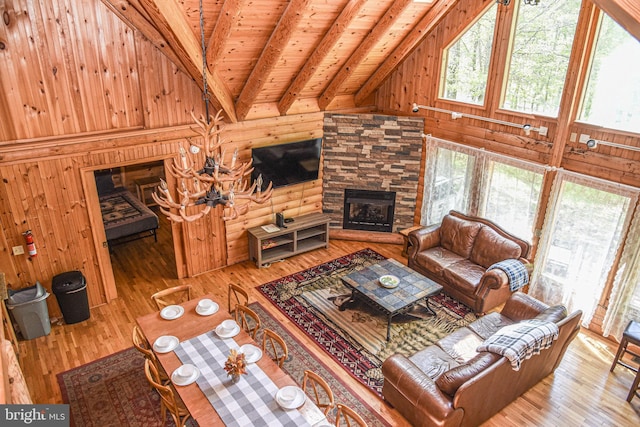 194 Thornberry Ln, Blakeslee, PA 18610 - living room with wooden ceiling, wood-type flooring, a fireplace, and wood walls