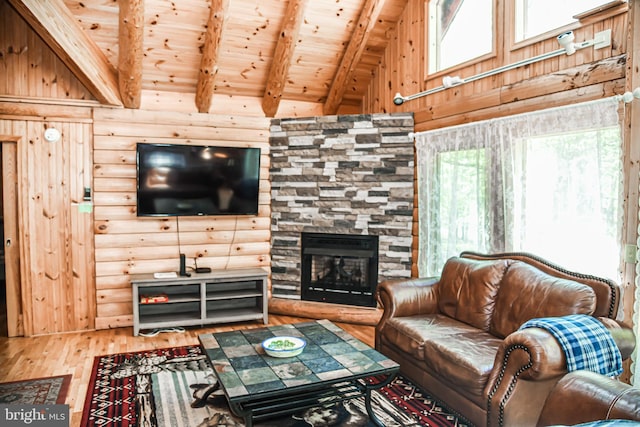 194 Thornberry Ln, Blakeslee, PA 18610 - living room featuring wood finished floors, wooden ceiling with exposed beams, wood walls, healthy amount of natural light, and high vaulted ceiling