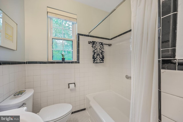 5408 Wehawken Rd, Bethesda, MD 20816 - full bathroom featuring toilet, tile walls, shower / bathtub combination with curtain, and tile patterned floors