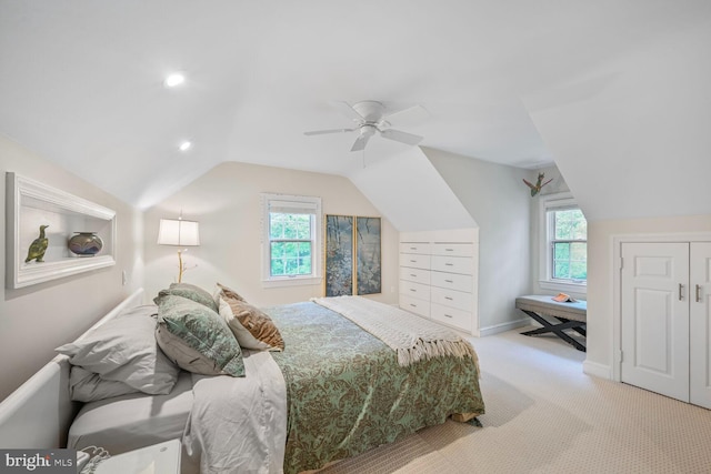 5408 Wehawken Rd, Bethesda, MD 20816 - bedroom with lofted ceiling, multiple windows, light colored carpet, a ceiling fan, and baseboards