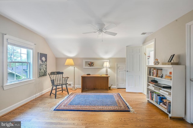 5408 Wehawken Rd, Bethesda, MD 20816 - sitting room featuring lofted ceiling, wood finished floors, ceiling fan, and baseboards