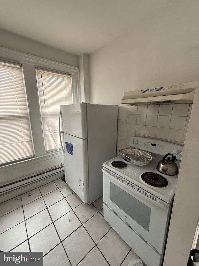 1512 Lindley Ave, Philadelphia, PA 19141 - kitchen featuring white appliances, under cabinet range hood, and light tile patterned floors