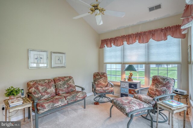 73 Springmill Dr, Middletown, DE 19709 - living area with ceiling fan, carpet, high vaulted ceiling, and baseboards