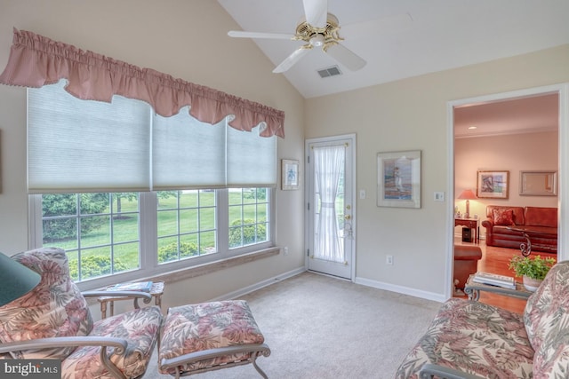 73 Springmill Dr, Middletown, DE 19709 - carpeted living area with baseboards, a ceiling fan, and vaulted ceiling