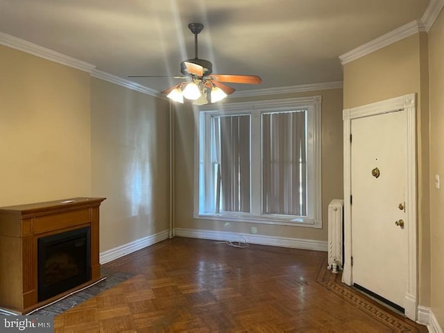 102 N 11th St, Reading, PA 19601 - unfurnished living room with radiator, baseboards, a ceiling fan, crown molding, and a glass covered fireplace