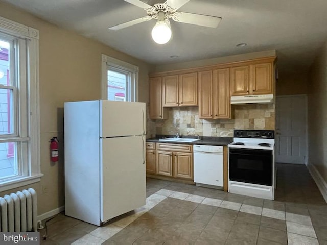 102 N 11th St, Reading, PA 19601 - kitchen featuring white appliances, radiator, under cabinet range hood, a sink, and backsplash