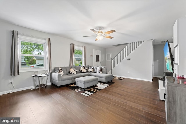 35 Mullshire Ln, Willingboro, NJ 08046 - living room featuring stairs, ceiling fan, baseboards, and dark wood-style flooring