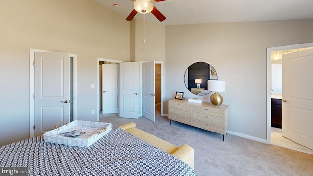 11276 Davisar Rd Unit 80, White Marsh, MD 21162 - bedroom with light colored carpet, a towering ceiling, baseboards, and a ceiling fan