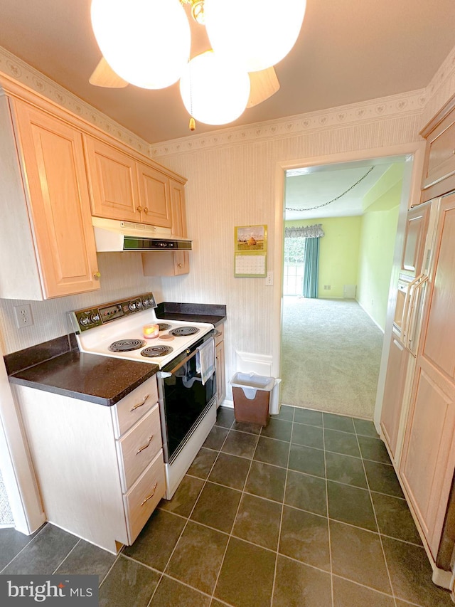 737 Hardwick Pl, York, PA 17404 - kitchen with white range with electric cooktop, light brown cabinetry, extractor fan, dark countertops, and dark tile patterned flooring