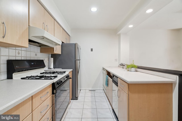 2213 Race St Unit 202, Philadelphia, PA 19103 - kitchen featuring under cabinet range hood, black range with gas cooktop, light brown cabinets, decorative backsplash, and recessed lighting