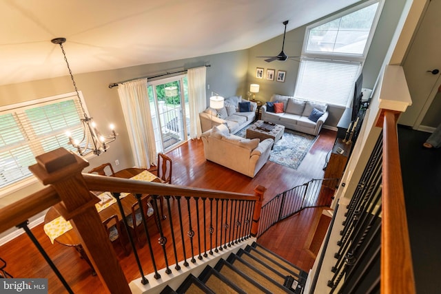 167 Windmill Rd, Willow Grove, PA 19090 - staircase featuring vaulted ceiling, ceiling fan, wood finished floors, and a chandelier