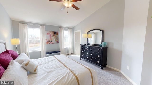 11274 Davisar Rd, White Marsh, MD 21162 - bedroom featuring light colored carpet, vaulted ceiling, a ceiling fan, and baseboards