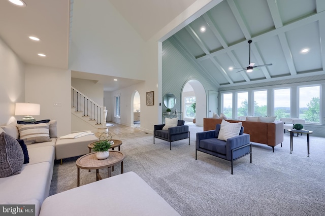 2655 Gap Newport Pike, West Grove, PA 19390 - living area with arched walkways, high vaulted ceiling, carpet, stairway, and ceiling fan