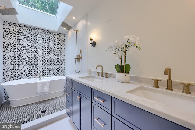 2655 Gap Newport Pike, West Grove, PA 19390 - bathroom featuring a freestanding bath, a skylight, double vanity, tiled shower, and tile patterned flooring