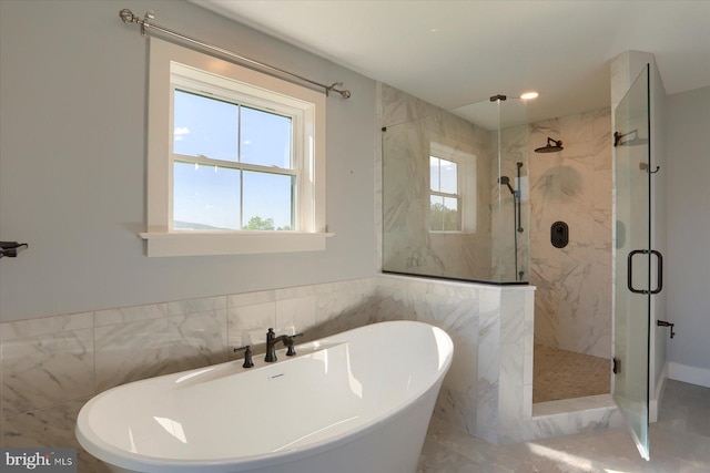 104 Lightfoot Ln, Dillsburg, PA 17019 - full bathroom with a marble finish shower, a freestanding tub, and tile walls