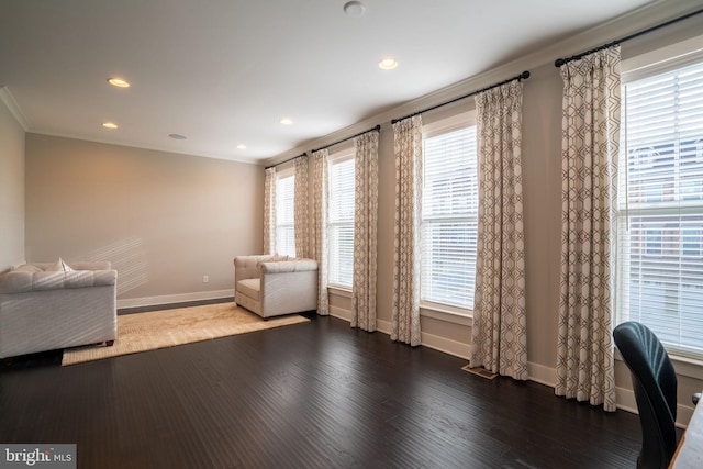 22270 Foggy Ridge Ter, Ashburn, VA 20148 - unfurnished room with baseboards, crown molding, dark wood-type flooring, and recessed lighting