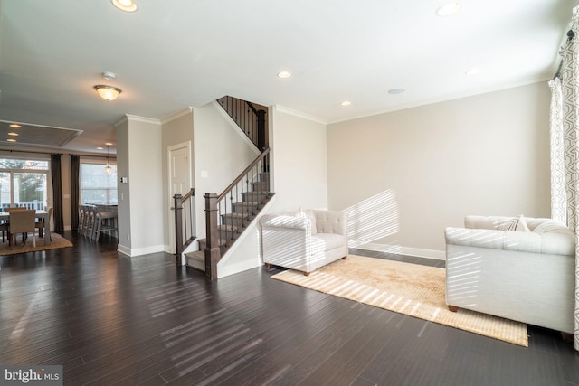 22270 Foggy Ridge Ter, Ashburn, VA 20148 - living room featuring baseboards, stairway, wood finished floors, crown molding, and recessed lighting