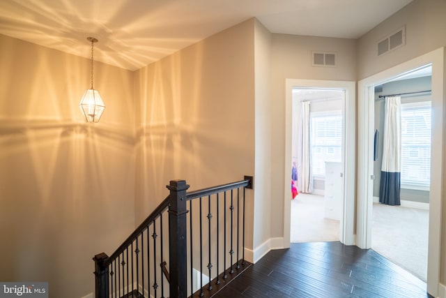 22270 Foggy Ridge Ter, Ashburn, VA 20148 - hallway with an upstairs landing, dark wood-style floors, and baseboards