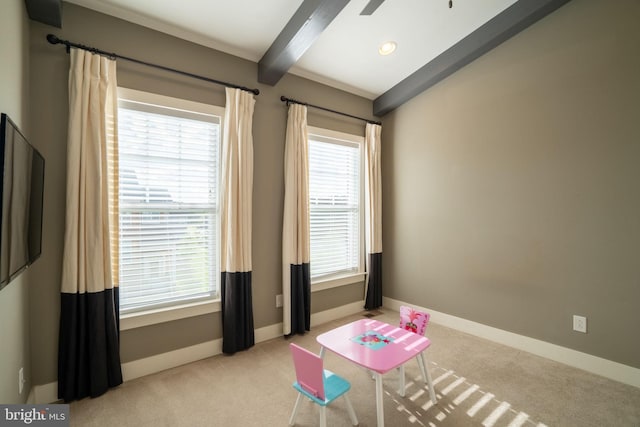 22270 Foggy Ridge Ter, Ashburn, VA 20148 - rec room with beam ceiling, carpet floors, and baseboards