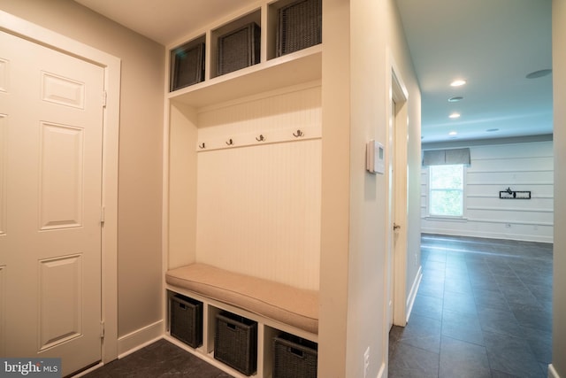 22270 Foggy Ridge Ter, Ashburn, VA 20148 - mudroom featuring baseboards, dark tile patterned flooring, and recessed lighting