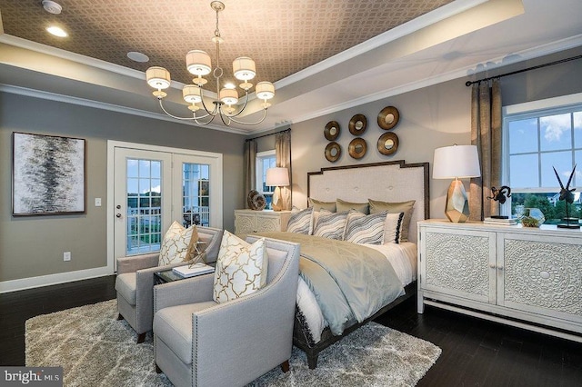 22270 Foggy Ridge Ter, Ashburn, VA 20148 - bedroom featuring a tray ceiling, baseboards, access to outside, a chandelier, and crown molding