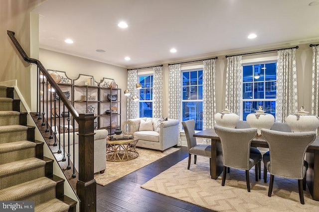 22270 Foggy Ridge Ter, Ashburn, VA 20148 - living area featuring crown molding, stairs, wood finished floors, and recessed lighting