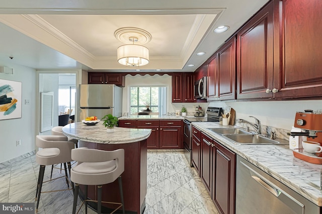 1101 S Arlington Ridge Rd Unit 216, Arlington, VA 22202 - kitchen with a sink, appliances with stainless steel finishes, reddish brown cabinets, light marble finish floors, and a kitchen breakfast bar