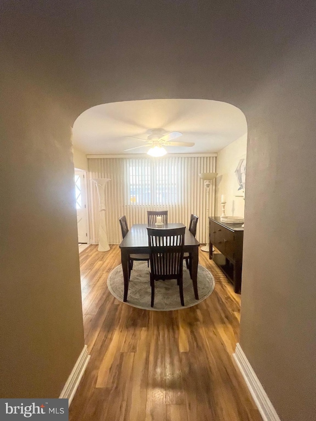 1820 S Dover St, Philadelphia, PA 19145 - dining space featuring arched walkways, wood finished floors, and ceiling fan