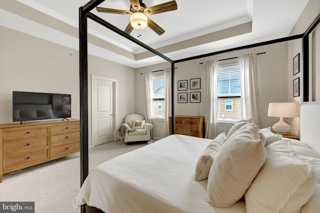 45210 Lettermore Sq, Sterling, VA 20166 - bedroom featuring light colored carpet, a raised ceiling, ornamental molding, and ceiling fan