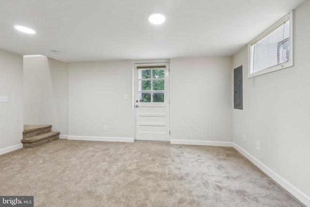 945 Ficklen Rd, Fredericksburg, VA 22405 - below grade area with electric panel, baseboards, carpet flooring, recessed lighting, and stairway