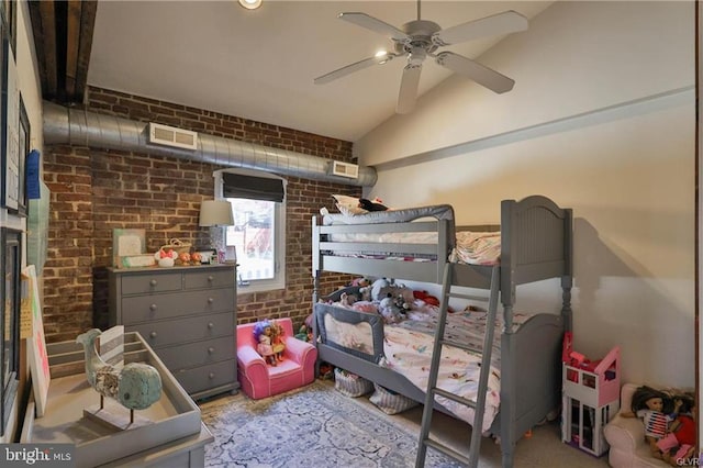 517 W Burke St, Easton, PA 18042 - bedroom featuring brick wall, a ceiling fan, and vaulted ceiling