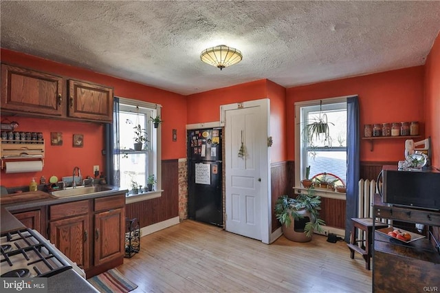 517 W Burke St, Easton, PA 18042 - kitchen featuring freestanding refrigerator, a sink, wainscoting, light wood-style flooring, and a textured ceiling