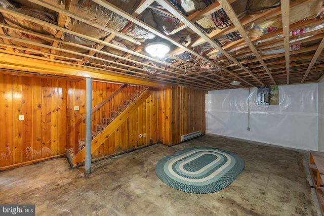 311 S Buckmarsh St, Berryville, VA 22611 - unfinished below grade area featuring baseboard heating, stairway, and wood walls