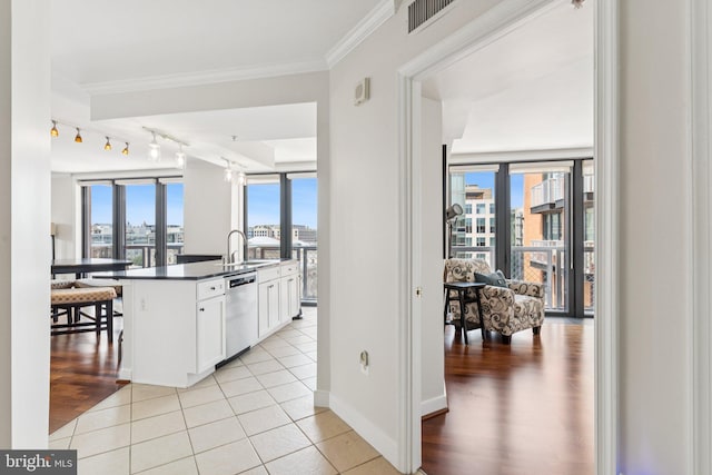 616 E St NW Unit 1114, Washington, DC 20004 - kitchen featuring stainless steel dishwasher, track lighting, dark countertops, white cabinetry, and a sink