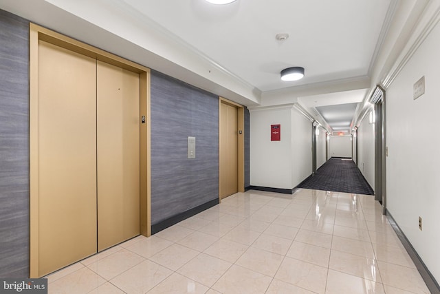 616 E St NW Unit 1114, Washington, DC 20004 - hallway featuring elevator, baseboards, ornamental molding, and light tile patterned flooring
